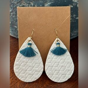 Handmade White Leather and Blue Tassel Earrings